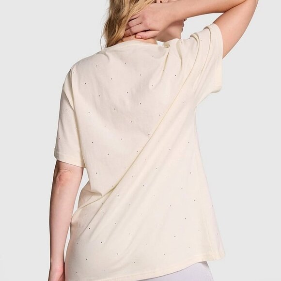 Victoria's Secret PINK Campus Cotton Bling T-Shirt 2024 Cream XXL - Picture 6 of 8